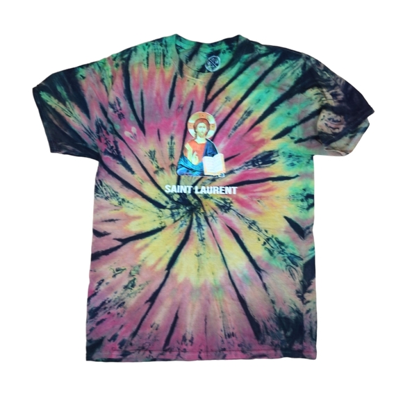 Vintage Tops - Saint Christopher Saint Laurent Graphic T-Shirt Rainbow Tie Dye Parody Tee - M